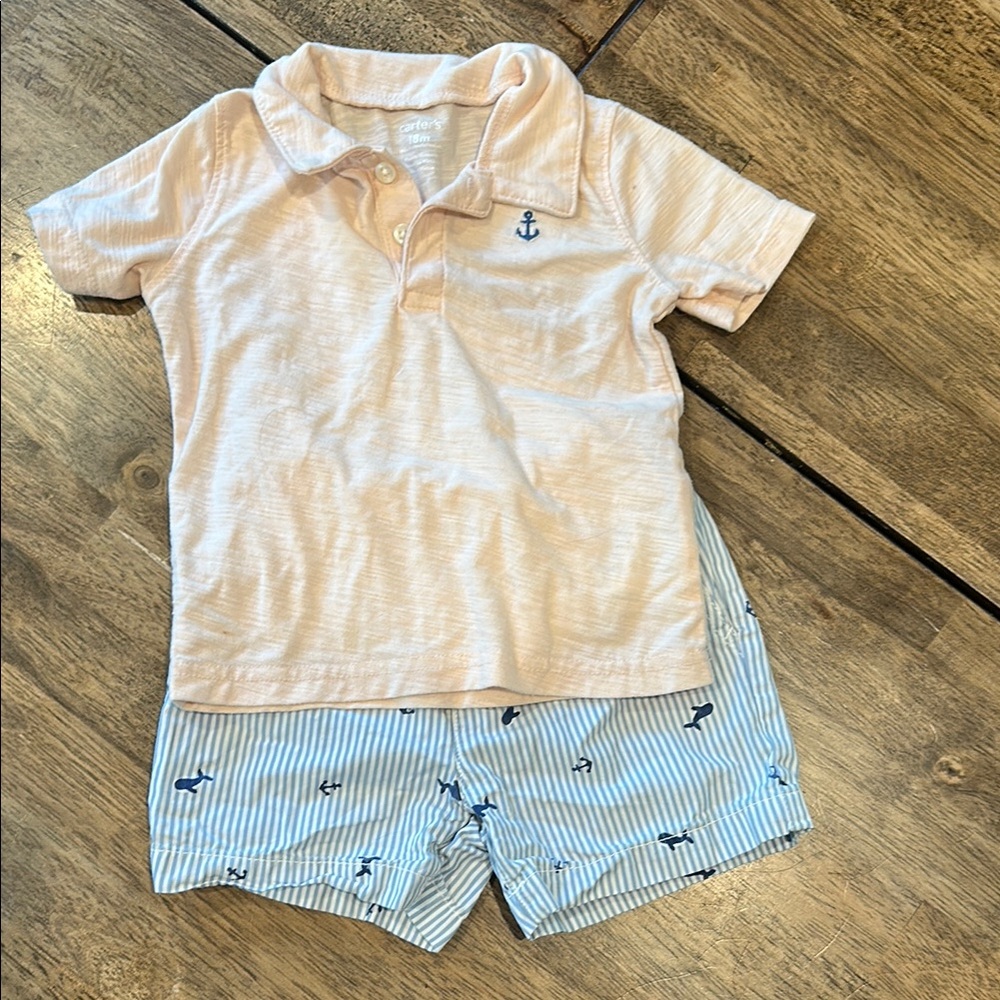 Carter's Light Pink Polo Top with Navy Anchor Shorts